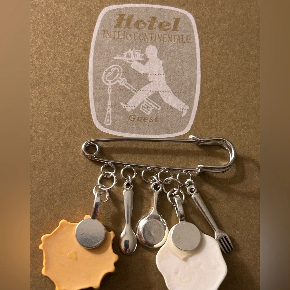 NWOT Safety Pin Brooch: “Room Service” Charms waffle, Egg 🍳, utensils